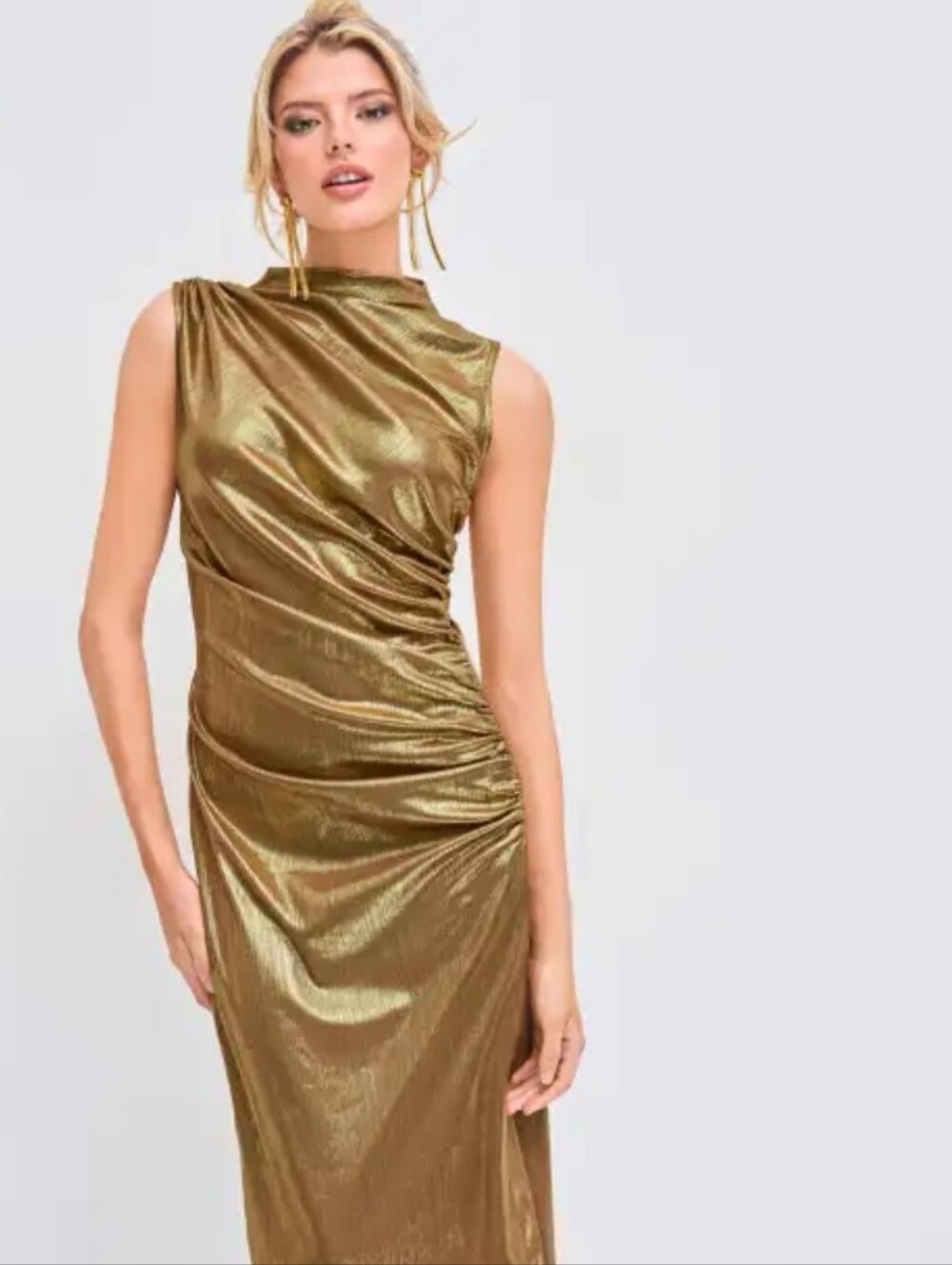 Metallic Gold Draped Sleeveless Midi Dress